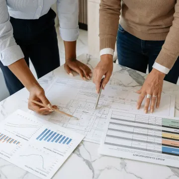 Engineering team analyzing building blueprints and asset classification schedules for depreciation optimization