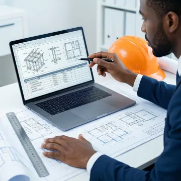 Professional engineer conducting detailed fixed asset review with digital tablet and property blueprints