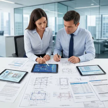 Engineering team conducting detailed cost segregation analysis of commercial property with blueprints and depreciation schedules