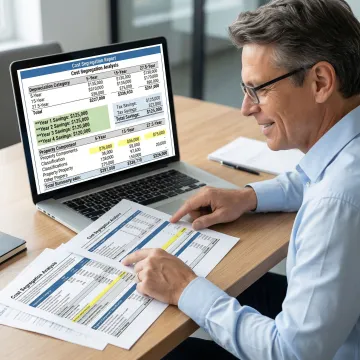 Real estate investor reviewing cost segregation report showing accelerated depreciation schedules and tax savings projections