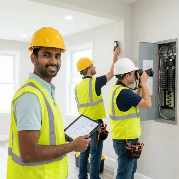 Engineering team conducting detailed property analysis with measurement tools and digital documentation