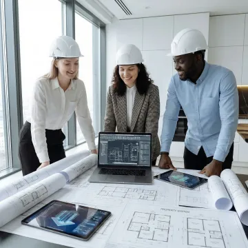 Engineering team conducting detailed property analysis with digital tools and blueprints