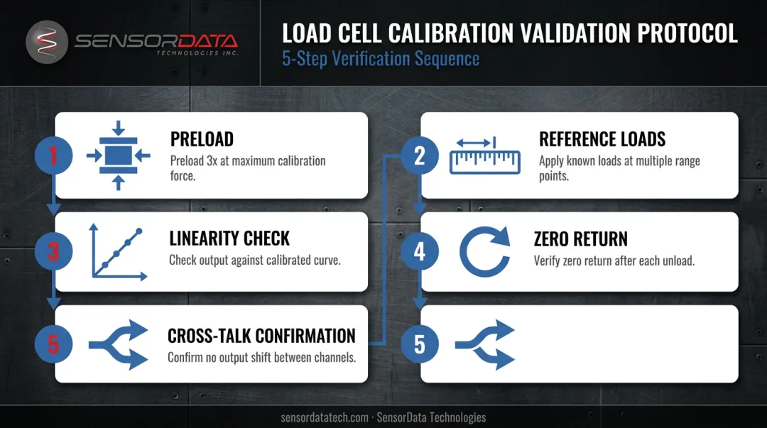 5-step dual-range force sensor channel validation process flow infographic