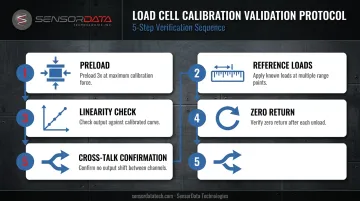 5-step dual-range force sensor channel validation process flow infographic