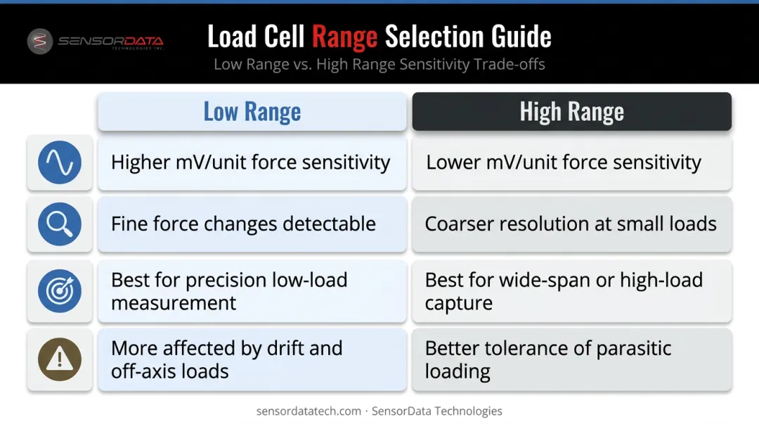 Dual-range force sensor low range versus high range comparison table infographic