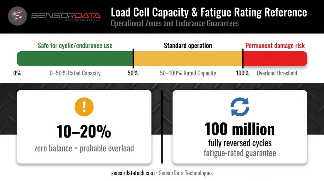 Dual-range force sensor safe operating margin and fatigue cycle guidelines infographic