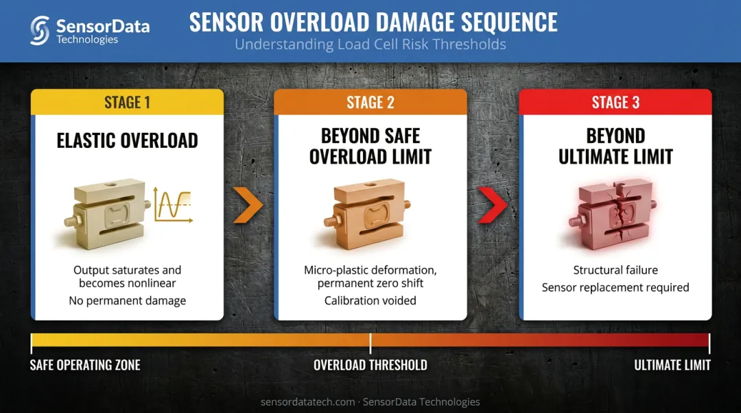 Three-stage force sensor overload damage progression sequence with risk thresholds