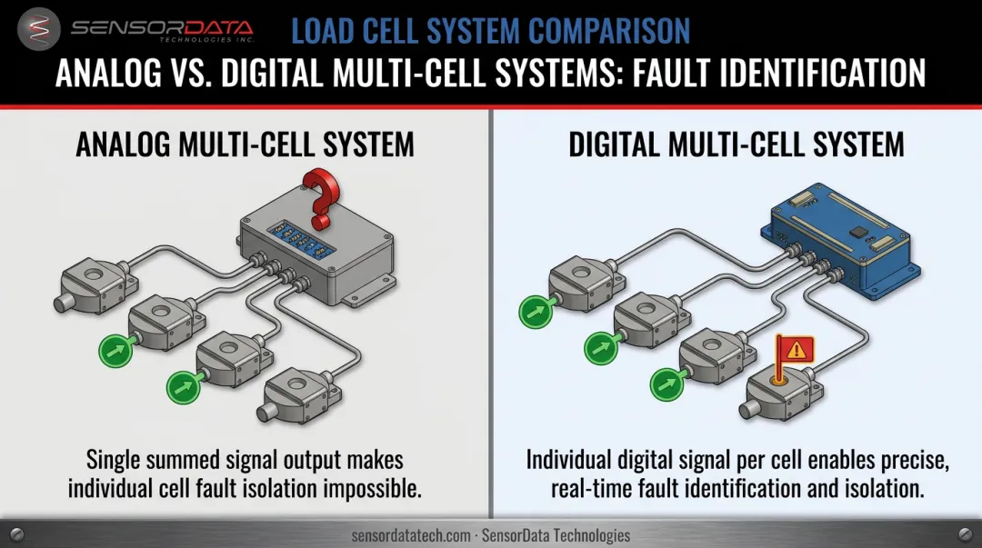 Digital versus analog load cell multi-cell diagnostic capability side-by-side comparison infographic