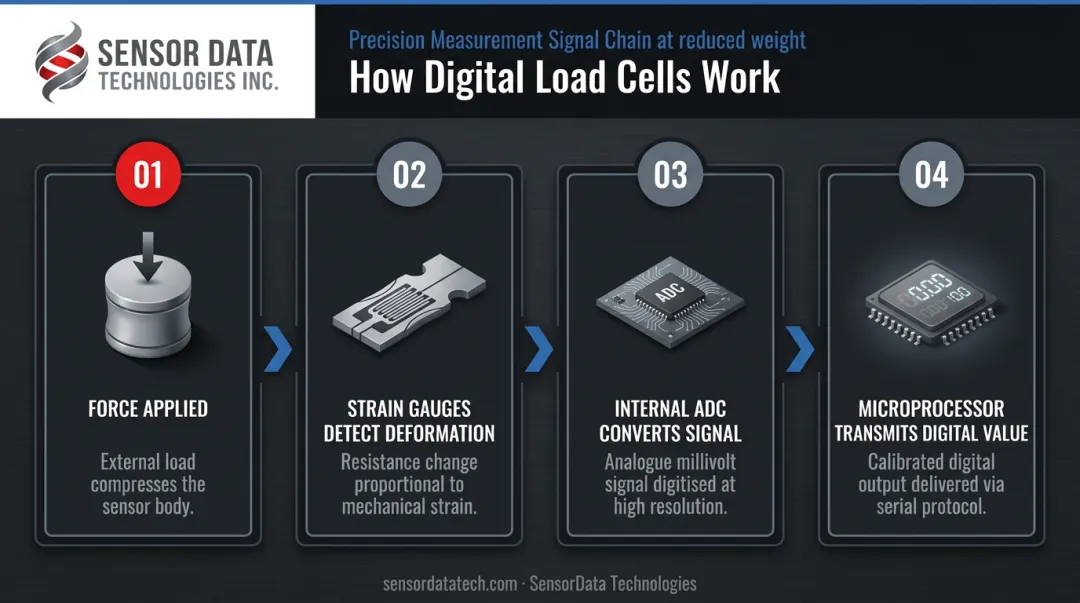 Four-step digital load cell measurement process flow from force to digital output
