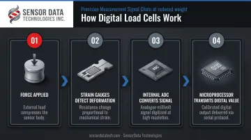 Four-step digital load cell measurement process flow from force to digital output