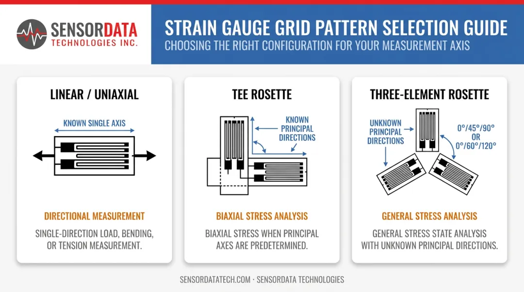 Three strain gauge rosette pattern types uniaxial tee and three-element comparison