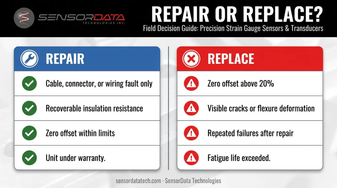 Load cell repair versus replace decision comparison chart with key criteria for each