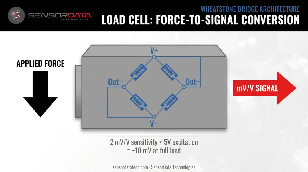 Load cell Wheatstone bridge architecture diagram showing force input to mV/V electrical output