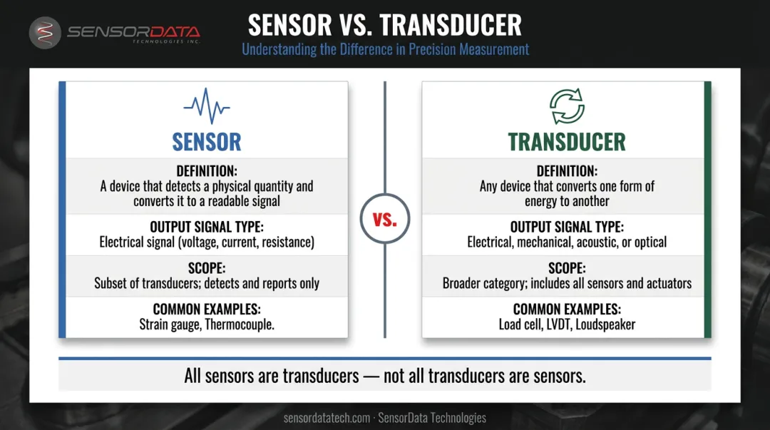 Sensor versus transducer side-by-side comparison table with definitions and examples