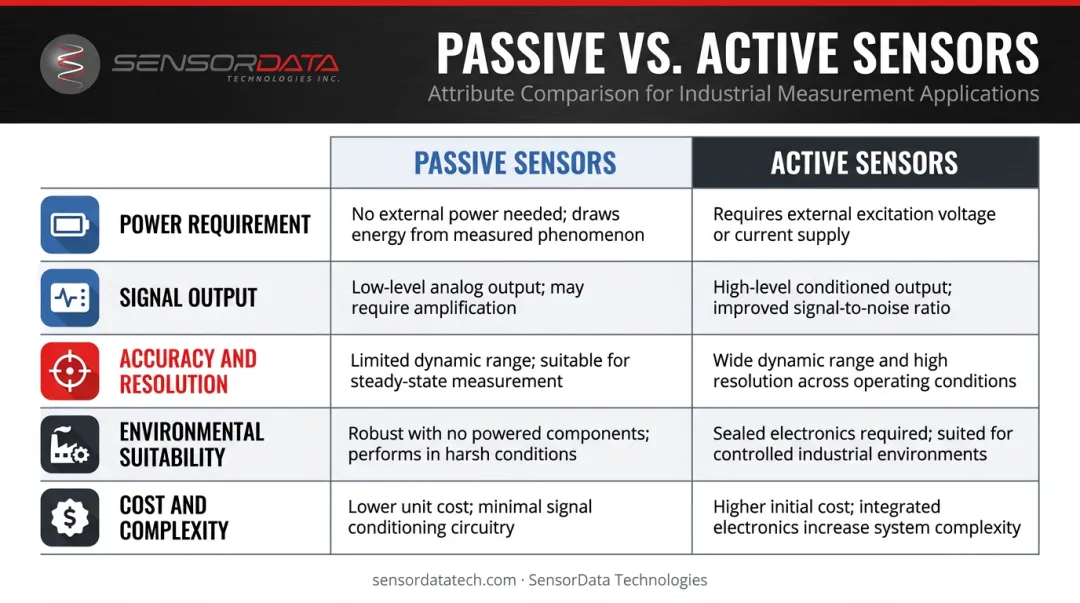 Passive versus active sensor five-attribute side-by-side comparison infographic