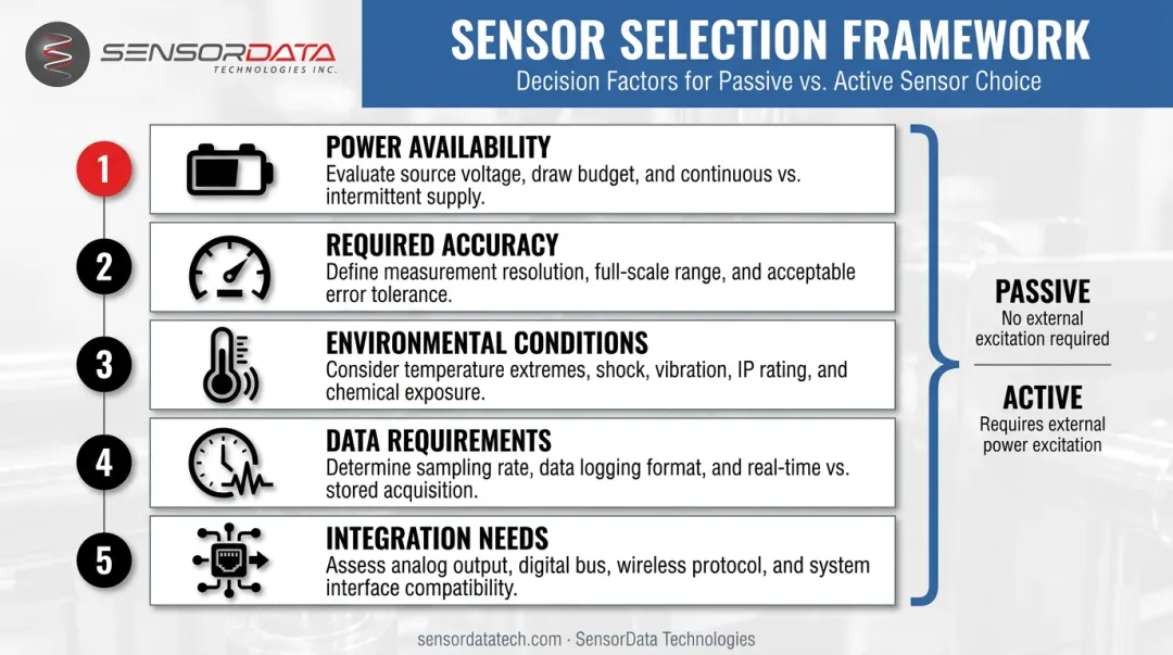 Five-factor sensor selection decision framework for industrial measurement applications