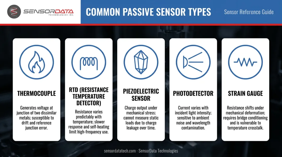 Five common passive sensor types icons and key characteristics overview