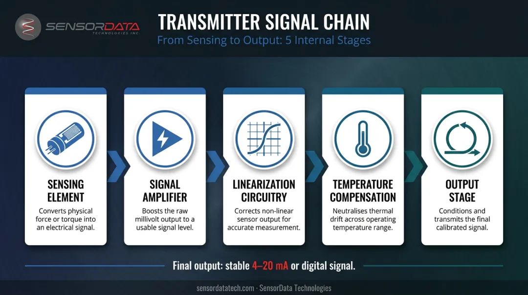 Five-stage internal transmitter signal chain from sensing element to output