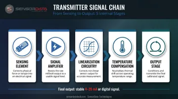 Five-stage internal transmitter signal chain from sensing element to output
