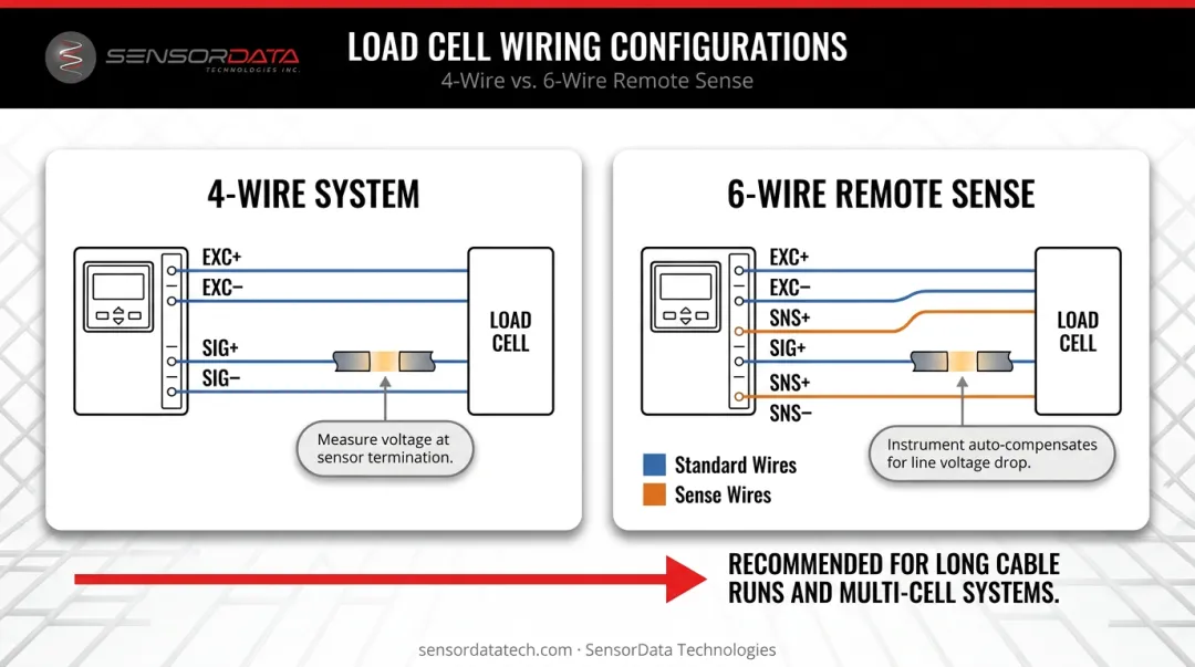 Four-wire versus six-wire load cell wiring configuration comparison for voltage compensation