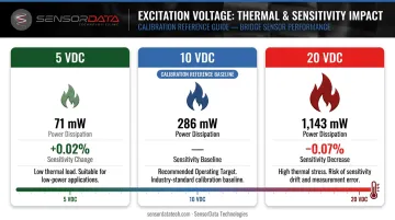 Excitation voltage versus power dissipation and sensitivity impact comparison table infographic