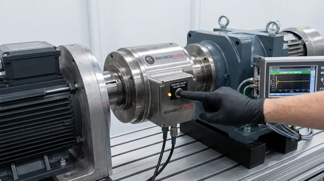 SensorData BT4000 wireless torque sensor with onboard shunt calibration circuit installed