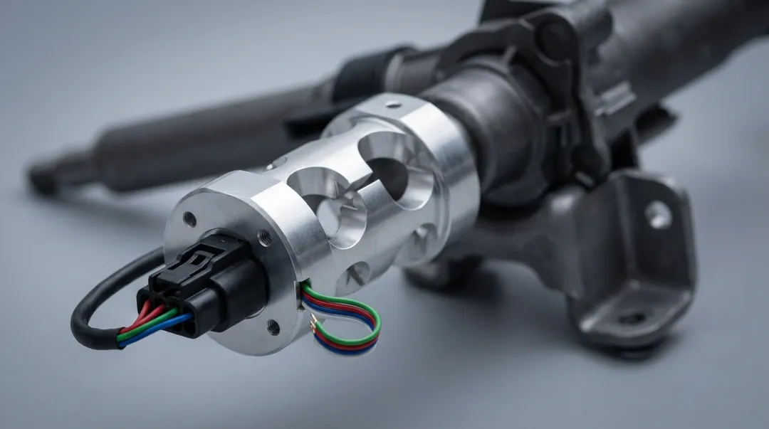 Automotive steering torque sensor component showing installation and electrical connector interface