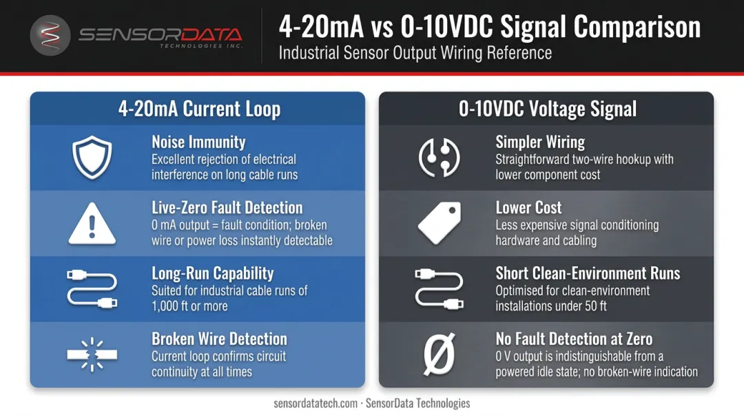 4-20mA versus 0-10VDC load cell signal output comparison infographic