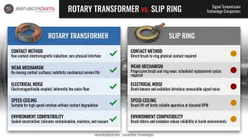 Rotary transformer versus slip ring side-by-side feature comparison infographic