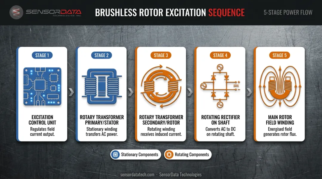 5-step brushless rotor excitation chain process flow diagram infographic