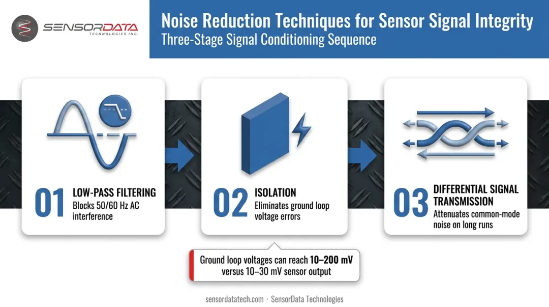 Three noise reduction methods filtering isolation and differential transmission process diagram