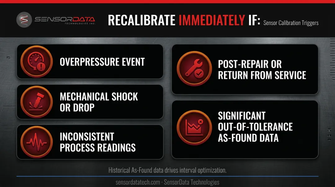 Five condition-based pressure transducer recalibration triggers decision reference chart