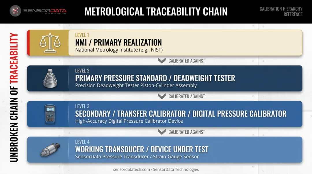 Four-level NIST metrological traceability chain from national standard to working transducer