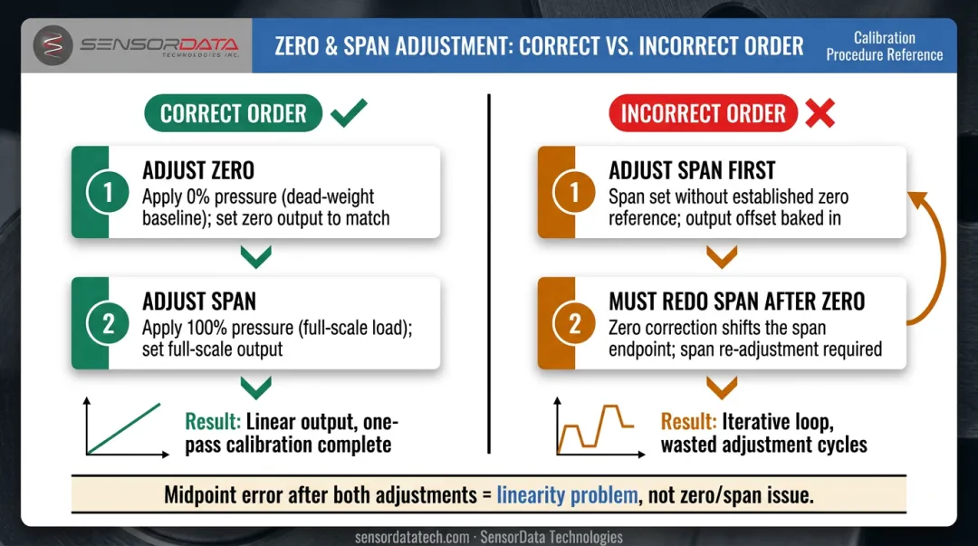 Zero before span calibration adjustment sequence showing correct versus incorrect order