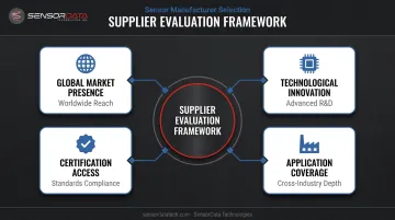 Four-criteria sensor manufacturer evaluation framework for procurement specialists infographic