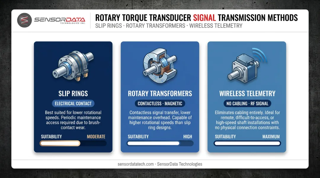 Rotary torque transducer signal transmission methods comparison slip rings wireless telemetry