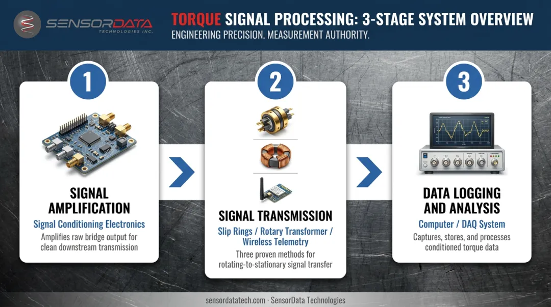 3-step torque signal processing chain from strain gauge to data acquisition