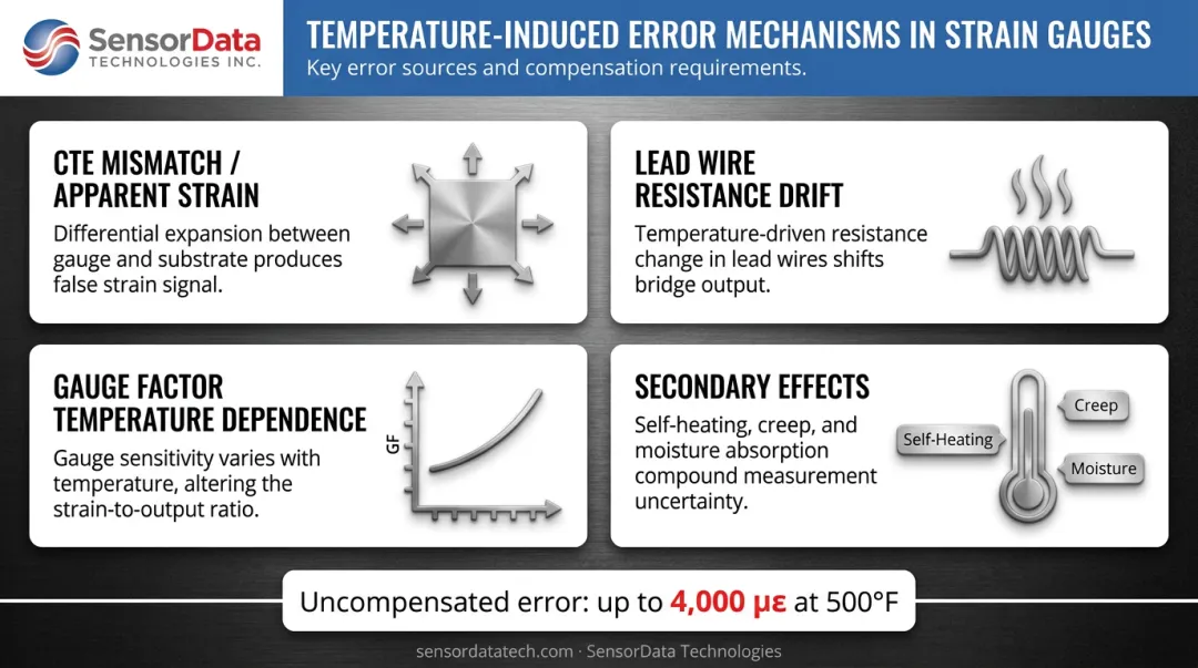 Four temperature error mechanisms affecting strain gauge measurement accuracy infographic