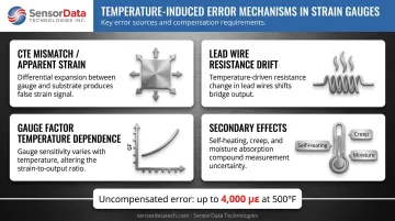 Four temperature error mechanisms affecting strain gauge measurement accuracy infographic