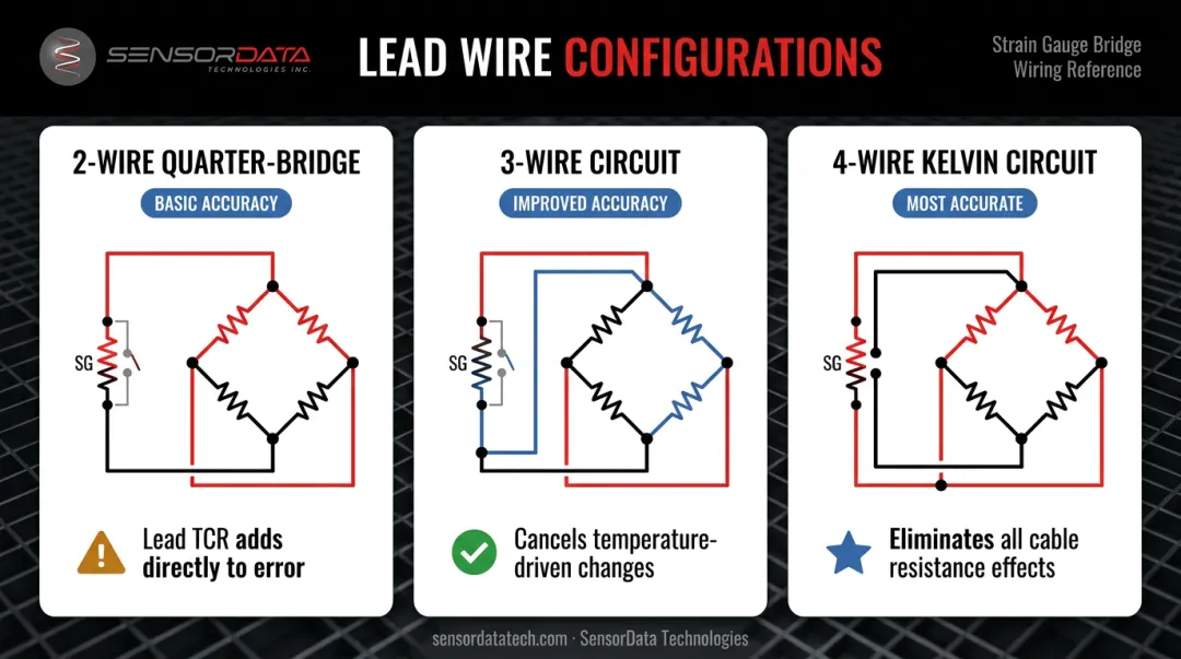 2-wire 3-wire and 4-wire strain gauge bridge wiring configurations comparison diagram