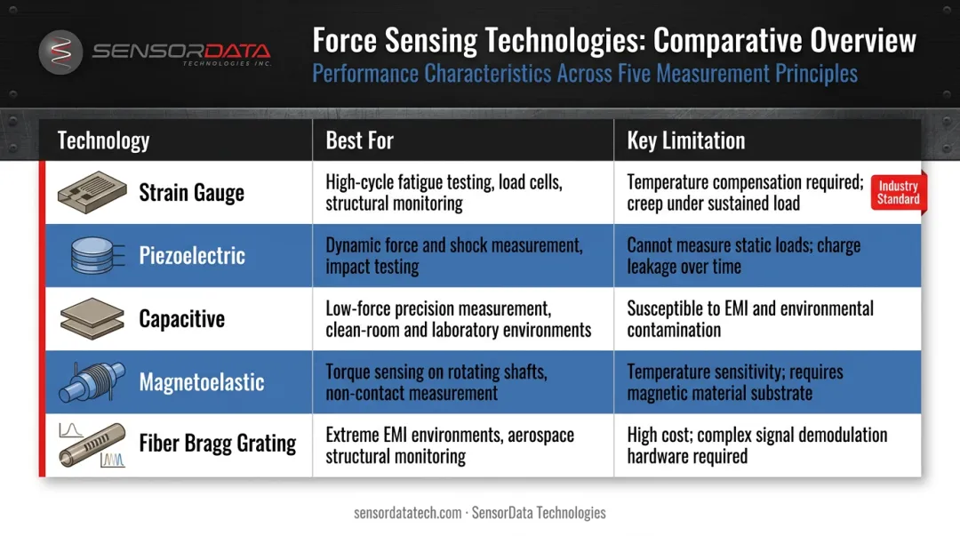 Five force sensing technology types compared by application and key limitation