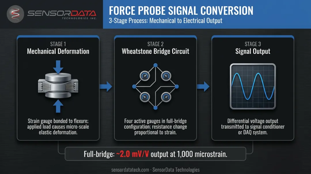 Three-stage force probe signal chain from mechanical deformation to voltage output