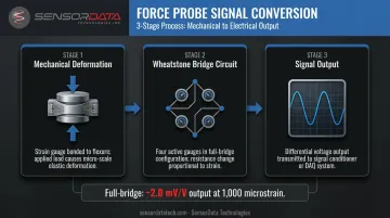 Three-stage force probe signal chain from mechanical deformation to voltage output