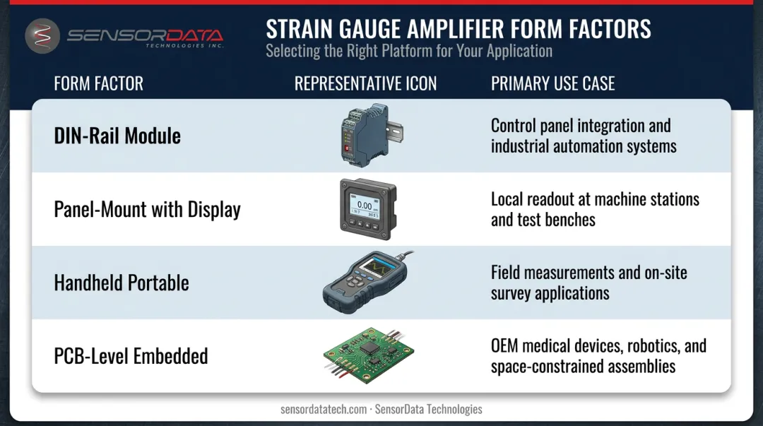 Strain gauge amplifier form factor comparison DIN-rail panel-mount handheld PCB use cases
