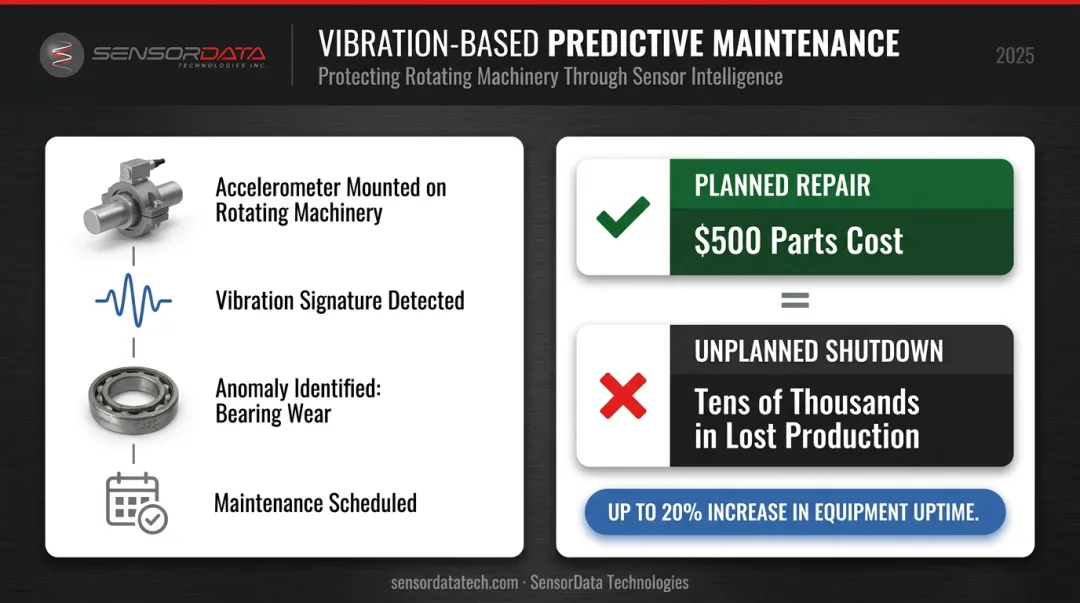 Predictive maintenance vibration sensor monitoring workflow showing equipment uptime improvement benefits