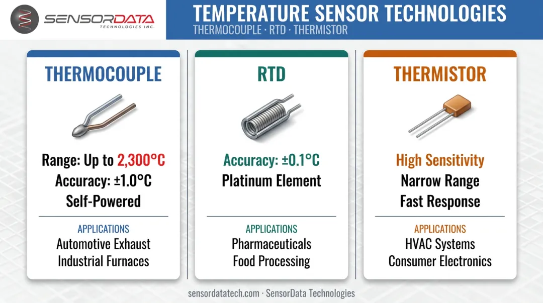 Three industrial temperature sensor types comparison thermocouple RTD thermistor specifications