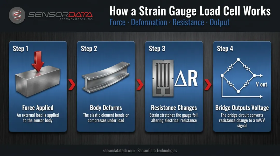 4-step strain gauge load cell working principle process flow diagram