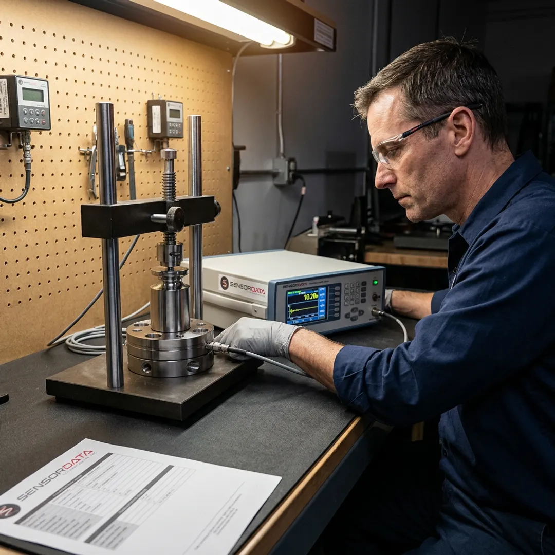 Technician calibrating a precision sensor