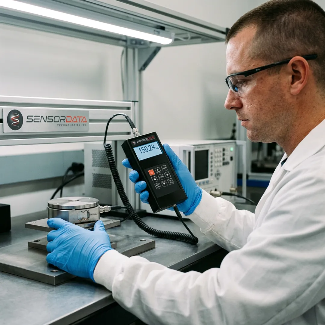 Technician calibrating a materials testing load cell