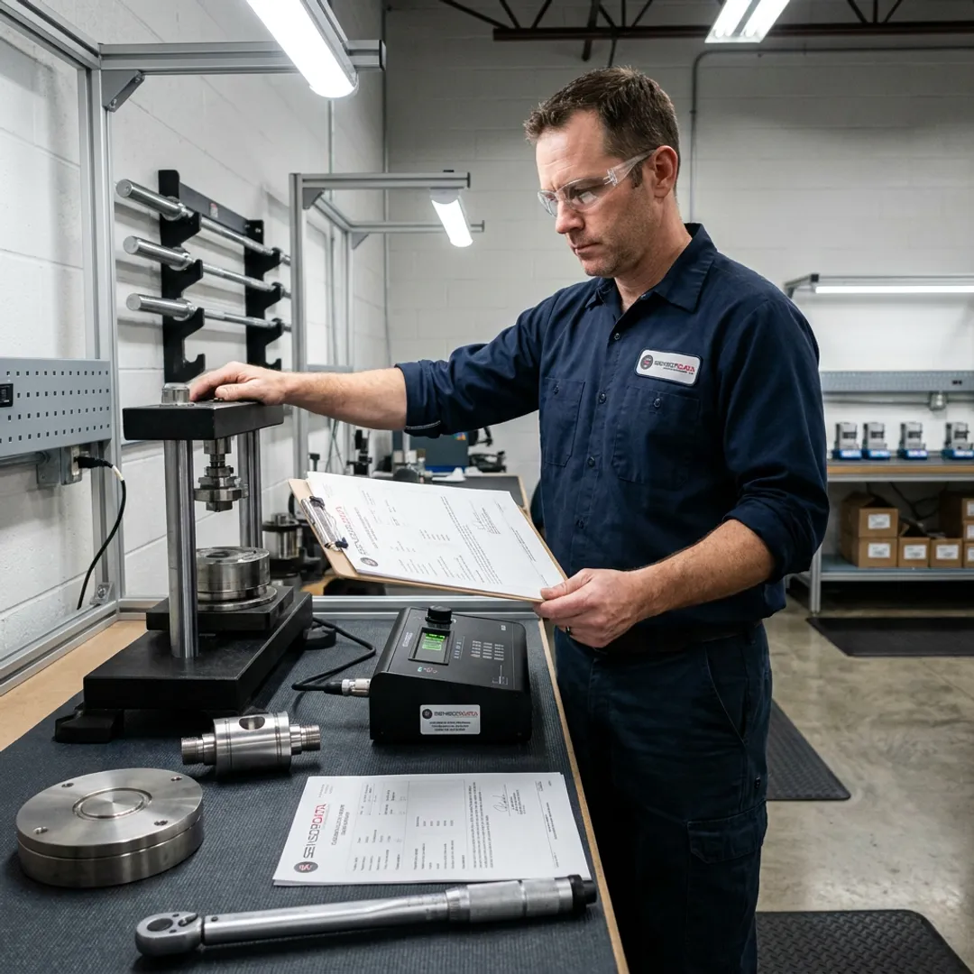 Technician reviewing sensor calibration results